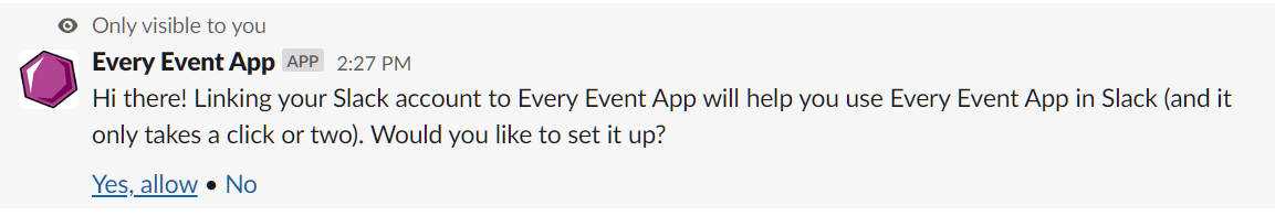 An ephemeral message asking the user to set up a Slack app