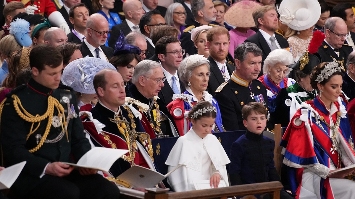 Prince Harry seen in the crowd during king charles coronation staring at his brother prince william who has his eyes closed