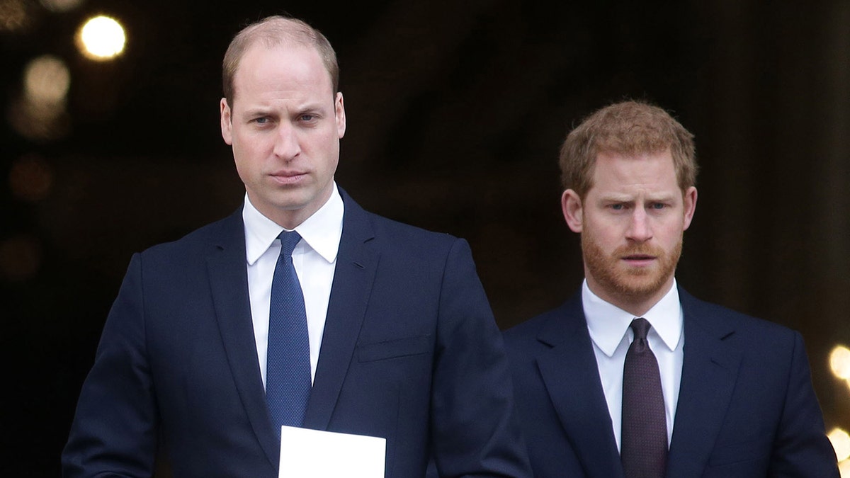 Prince William and Prince Harry wearing navy blazers and white shirts with ties walking almost next to each other