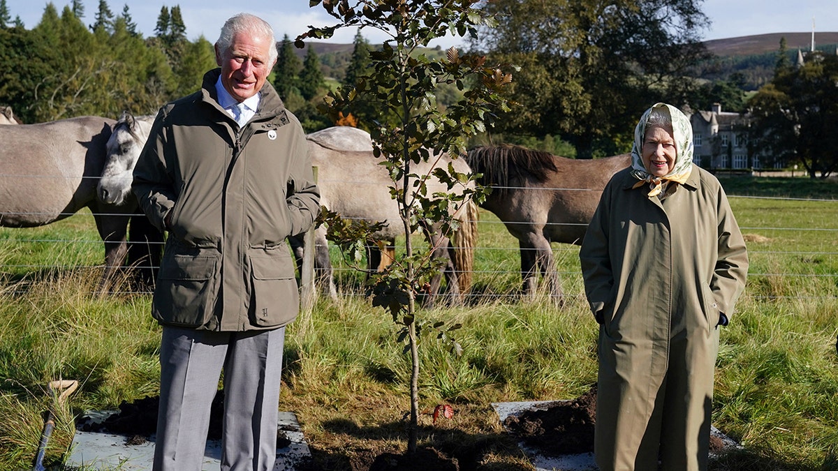 Queen Elizabeth and Prince Charles wearing matching hunter green coats in front of sheep