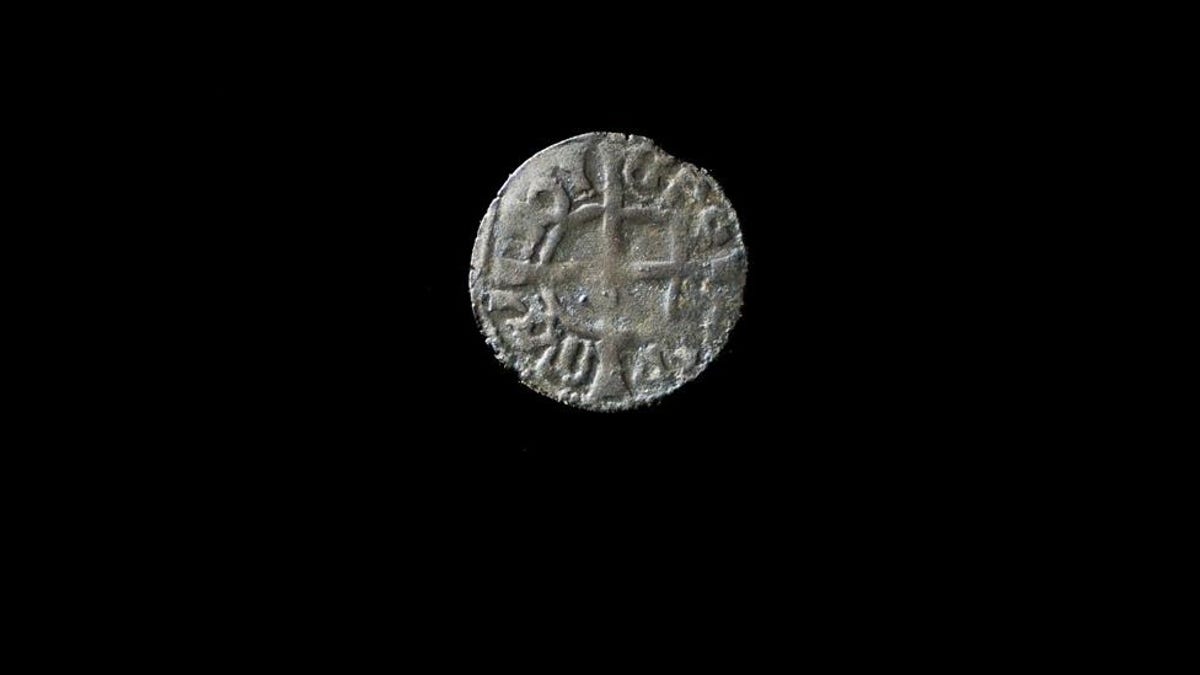 Close-up of medieval silver coin