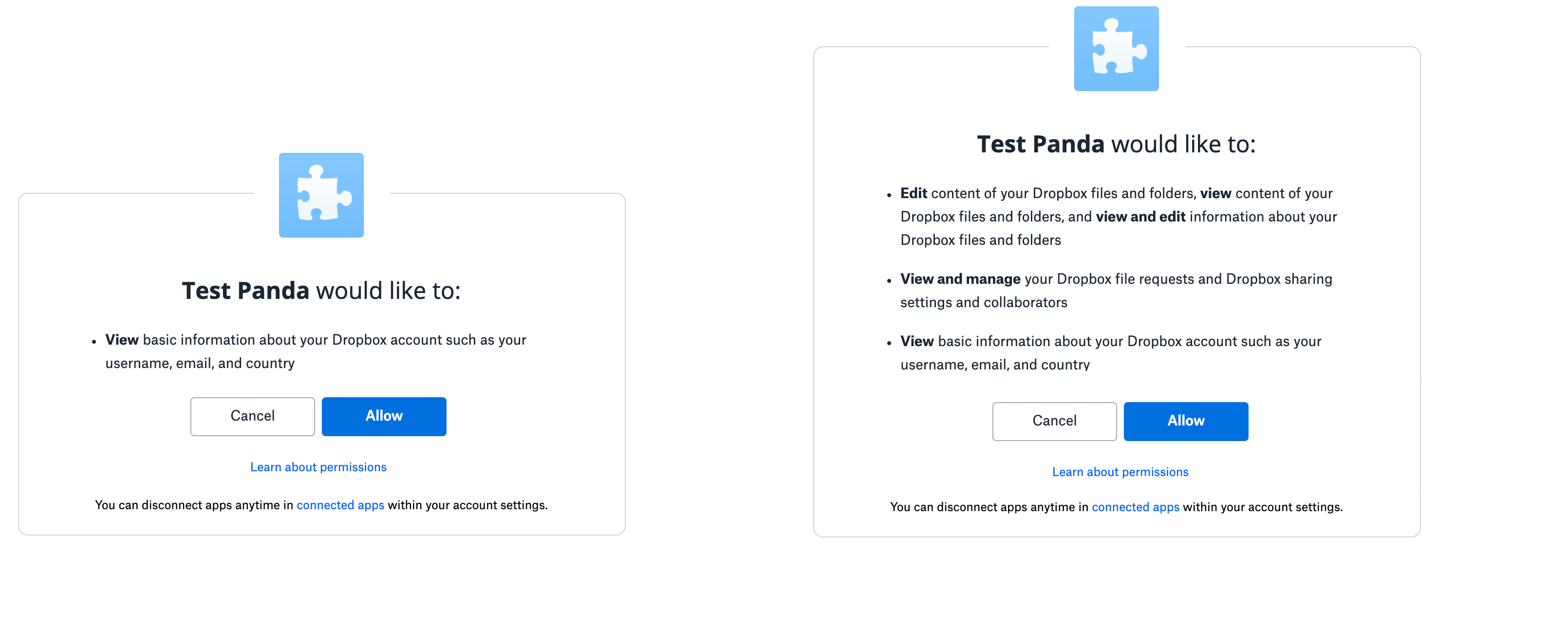 An example of different levels of scopes in a Dropbox app