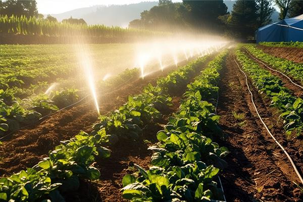 planted rows of green vegetables with irrigation sprinklers