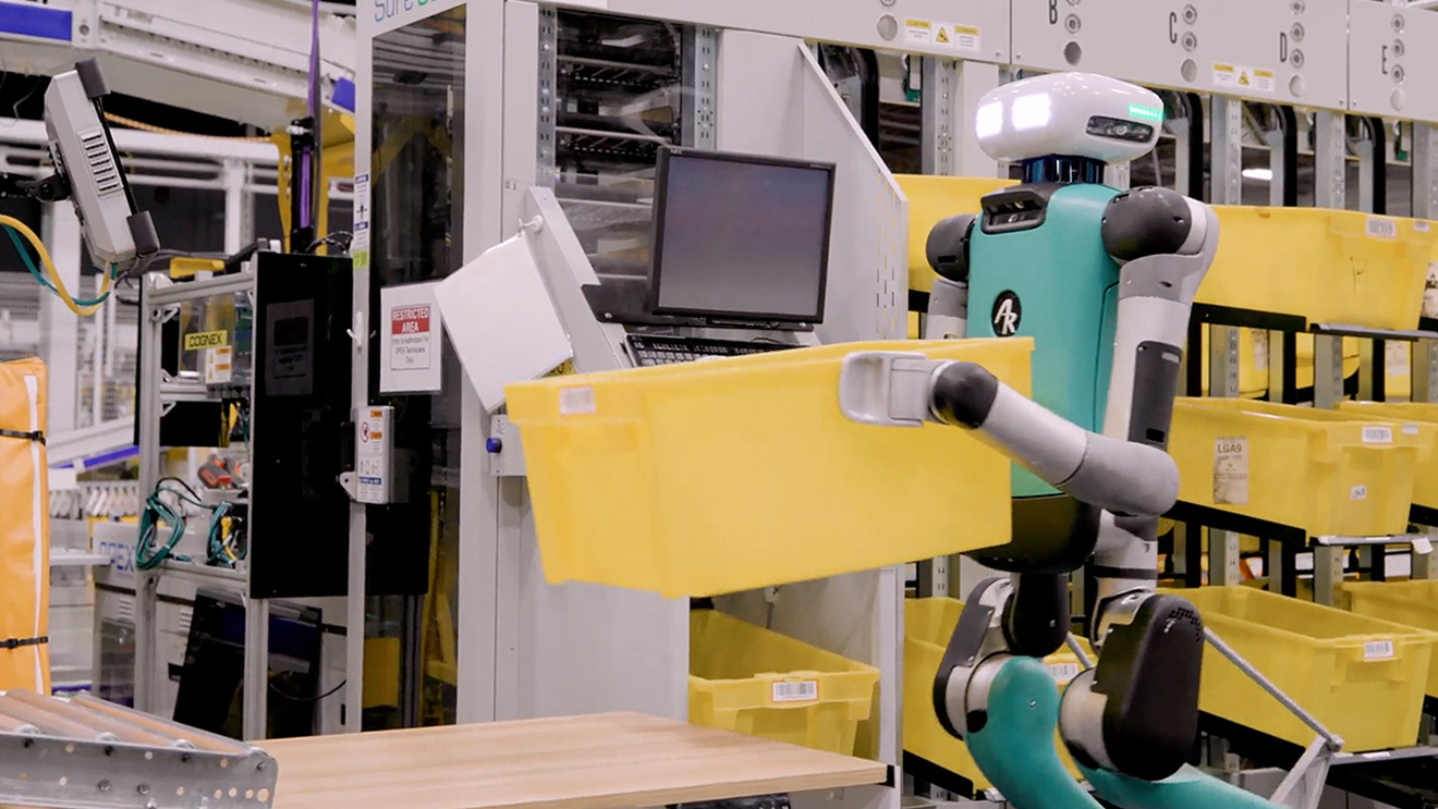 A robot operating in an Amazon fulfillment center