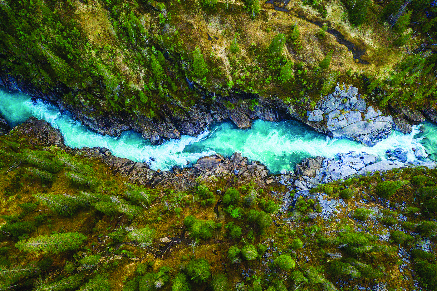 Aerial view over a mountain river