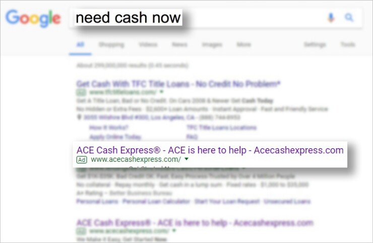 A Google search showing an ACE Cash Express ad as one of the results.