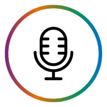 Icon: Linework drawing of a microphone with a gradient rainbow circle.