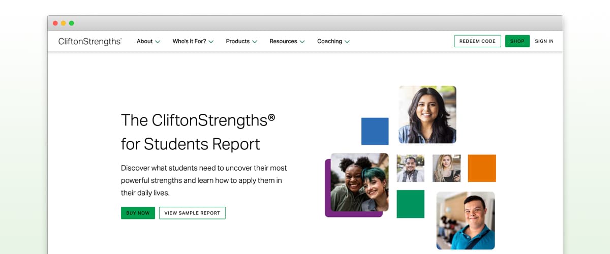 A screenshot of the CliftonStrengths for Students page on Gallup.com featuring the CliftonStrengths for Students Report