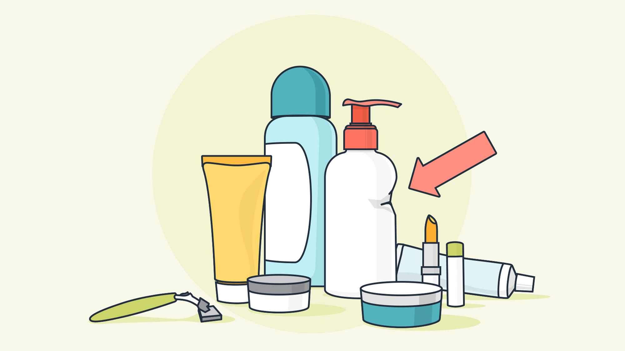 Graphic image of toiletries, such as soap, lipstick, toothpaste, a razor, etc.