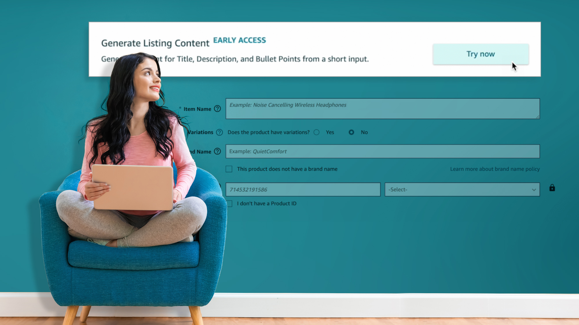 An illustration of generative AI capabilities being used for creating product descriptions on the Amazon Store. A woman sits in a chair, holding a laptop. Behind her is a screen shot of building a product description using generative AI.