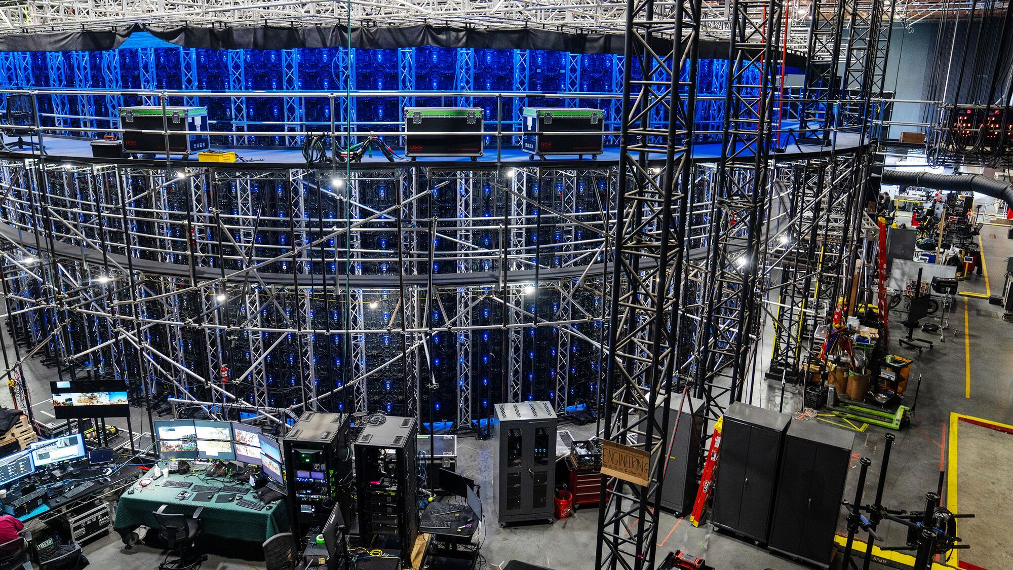 Intricate metal framework housing multimedia displays and effects at AWS-powered Stage 15 at Amazon MGM Studios Lot CA 