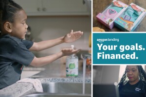 An illustration that includes the Amazon Lending logo, and three photos: one of a child washing their hands at a kitchen sink, one of the Yummy Mitt by Darlyng & Co., and one of Darlyng & Co. co-founder and CEO Tara Darnley.