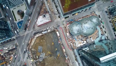 An overhead view of Amazon's spheres and its surroundings in downtown Seattle.