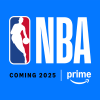 A blue background with the NBA logo and Amazon Prime logo. Text reads "Coming 2025"