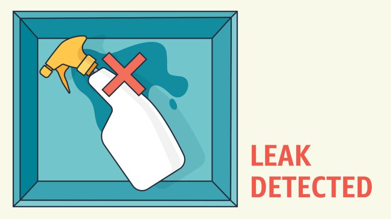 Graphic image of a "leak detected" in a damaged spray bottle.