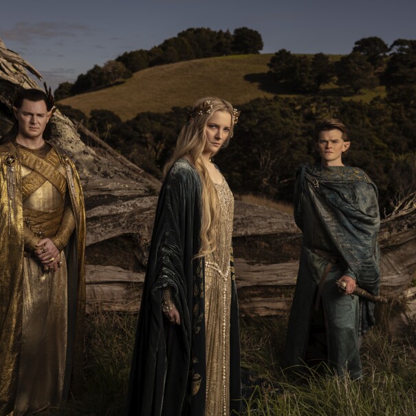 Lord of the Rings: The Rings of Power; Benjamin Walker (High King Gil-galad), Morfydd Clark (Galadriel), Robert Aramayo (Elrond)