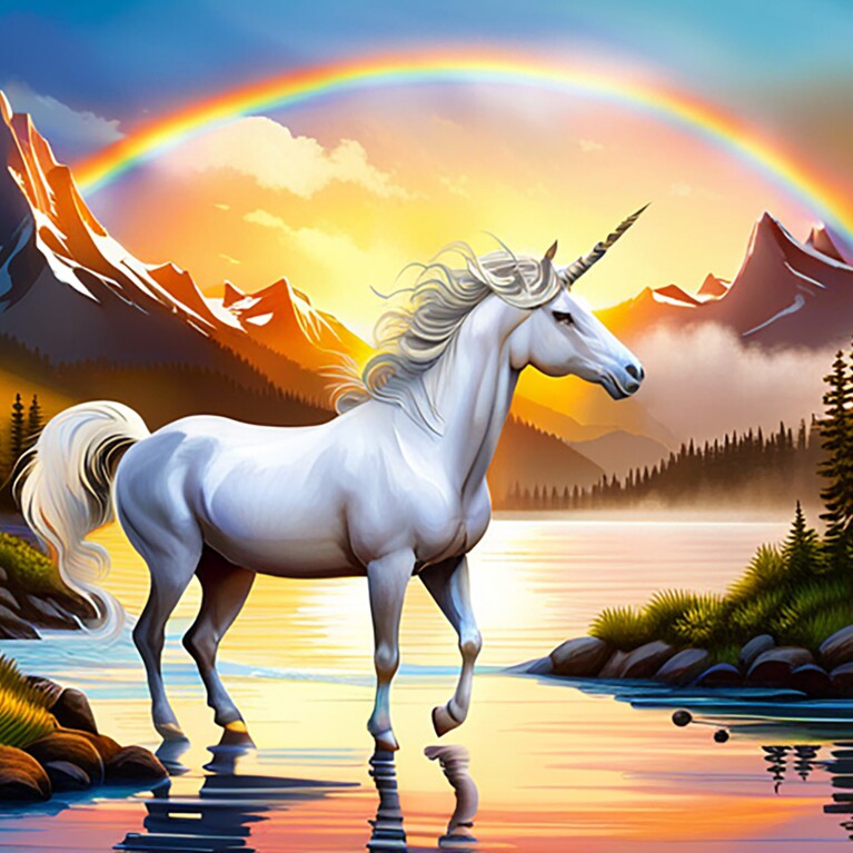 A majestic unicorn reared up on the beach at sunset with snowy mountains and a rainbow in the background.