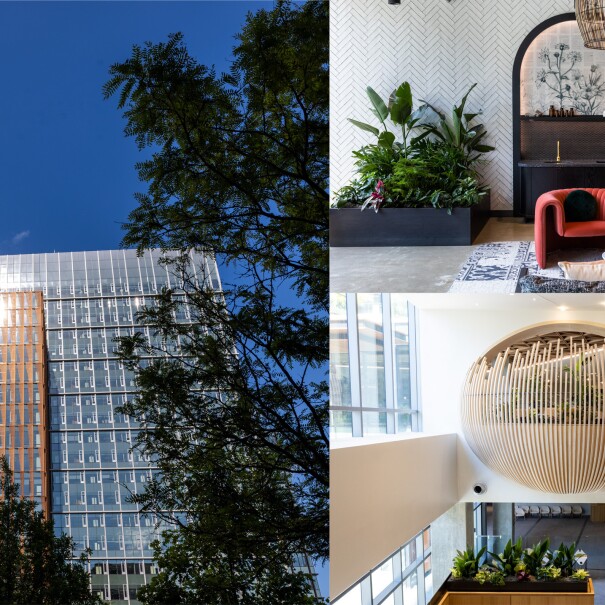 A split image showing the outside of Amazon's HQ2 building, a seating area inside, and a stairwell inside