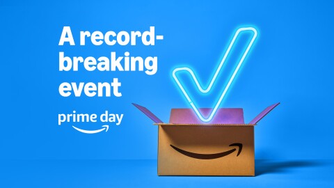 Record-breaking Prime Day event announcement with Amazon Prime box with glowing check mark