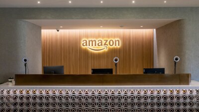 A photo of a reception desk in the lobby of Amazon HQ2 at Metropolitan Park in Arlington, Virginia.