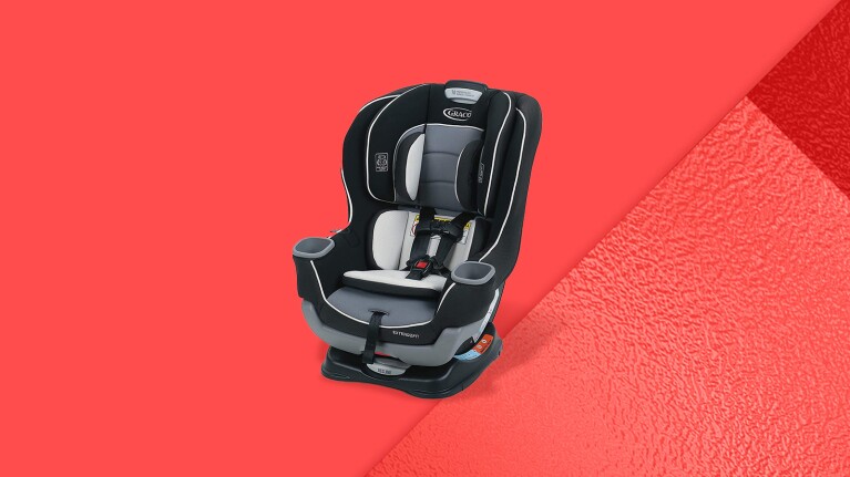 Child safety car seat, black/gray on red background