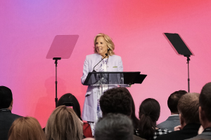 A photo of First Lady Jill Biden speaking on stage at AWS IMAGINE: Nonprofit conference 2024