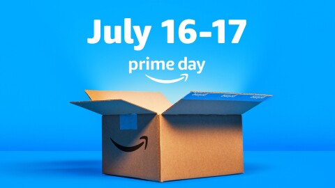 An open Amazon box with light shining out of it. Above the box you see lettering that says July 16-17 with the Prime Day logo below.