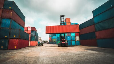 View of cargo containers at a shipping port 