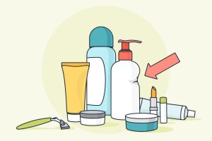 Graphic image of toiletries, such as soap, lipstick, toothpaste, a razor, etc.