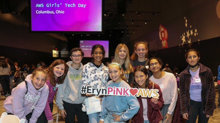 A photo of a group of girls at an AWS Girls' in Tech event in Ohio.