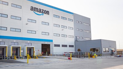 An image of the outside of an Amazon fulfillment center.