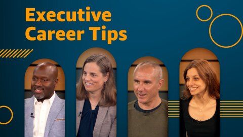 An image showing headshots of 4 different Amazon leaders with text at the top that says "Executive career tips."