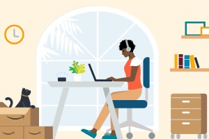 An illustrated image of a person using a laptop at a desk. There are three Amazon boxes in front of them with a pet on top of them. 