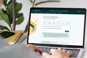 A photo of an Amazon seller who is uploading description information of their product for the Amazon Store.