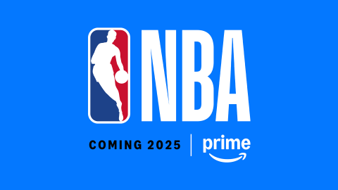 A blue background with the NBA logo and Amazon Prime logo. Text reads "Coming 2025"