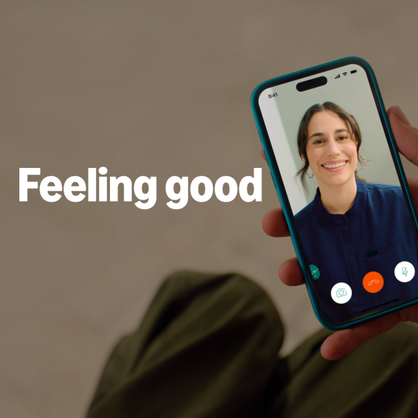 Video call with smiling woman and text that reads "feeling good just got better"