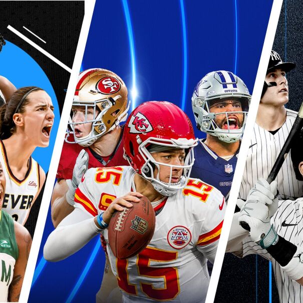 Graphic image of different sports figures across three panels: women's basketball on the right, American football in the middle and baseball on the left.