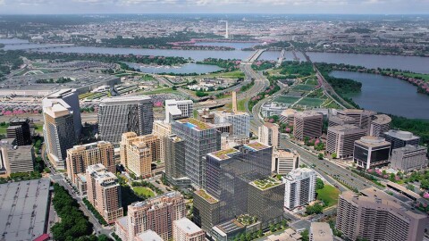 A rendering of the aerial view from above Met Park at Amazon's second headquarters.