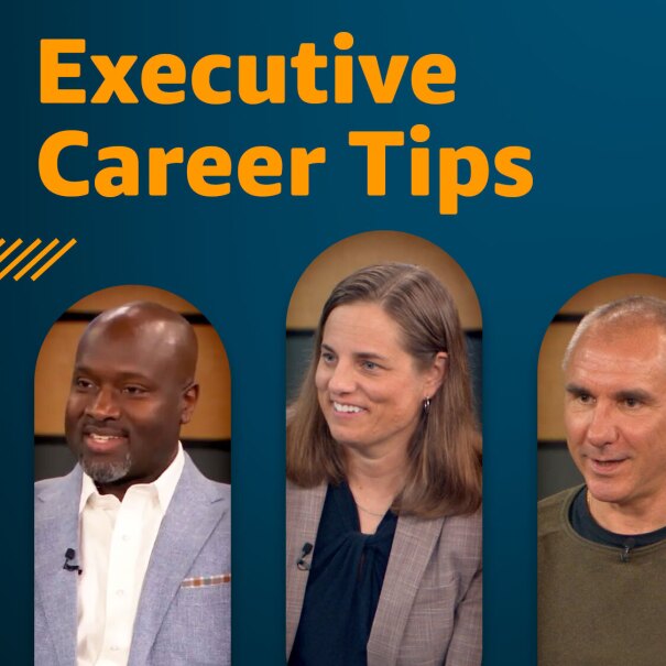 An image showing headshots of 4 different Amazon leaders with text at the top that says "Executive career tips."