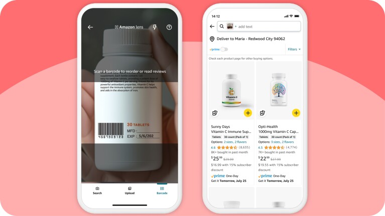 Amazon Lens displaying barcode scanner and immune booster products