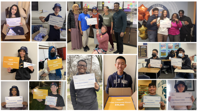 A collage of the student winners each smiling and holding up a check of their winnings.