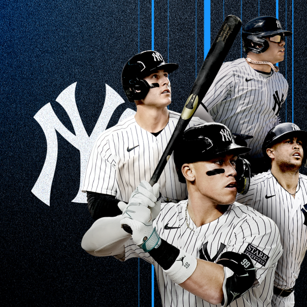 A collage-style photo of six New York Yankees players swinging their bats. 