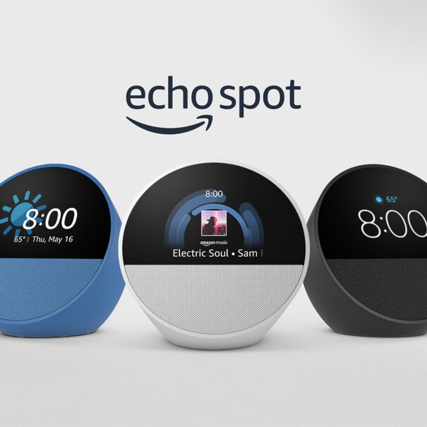 Amazon Echo Spot smart speakers in blue, white, and black colors