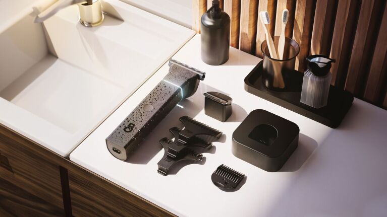 Hair grooming equipment on bathroom counter