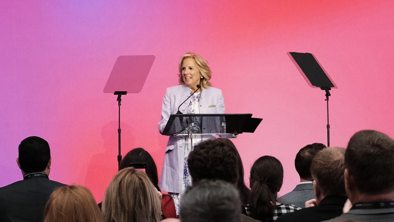 A photo of First Lady Jill Biden speaking on stage at AWS IMAGINE: Nonprofit conference 2024