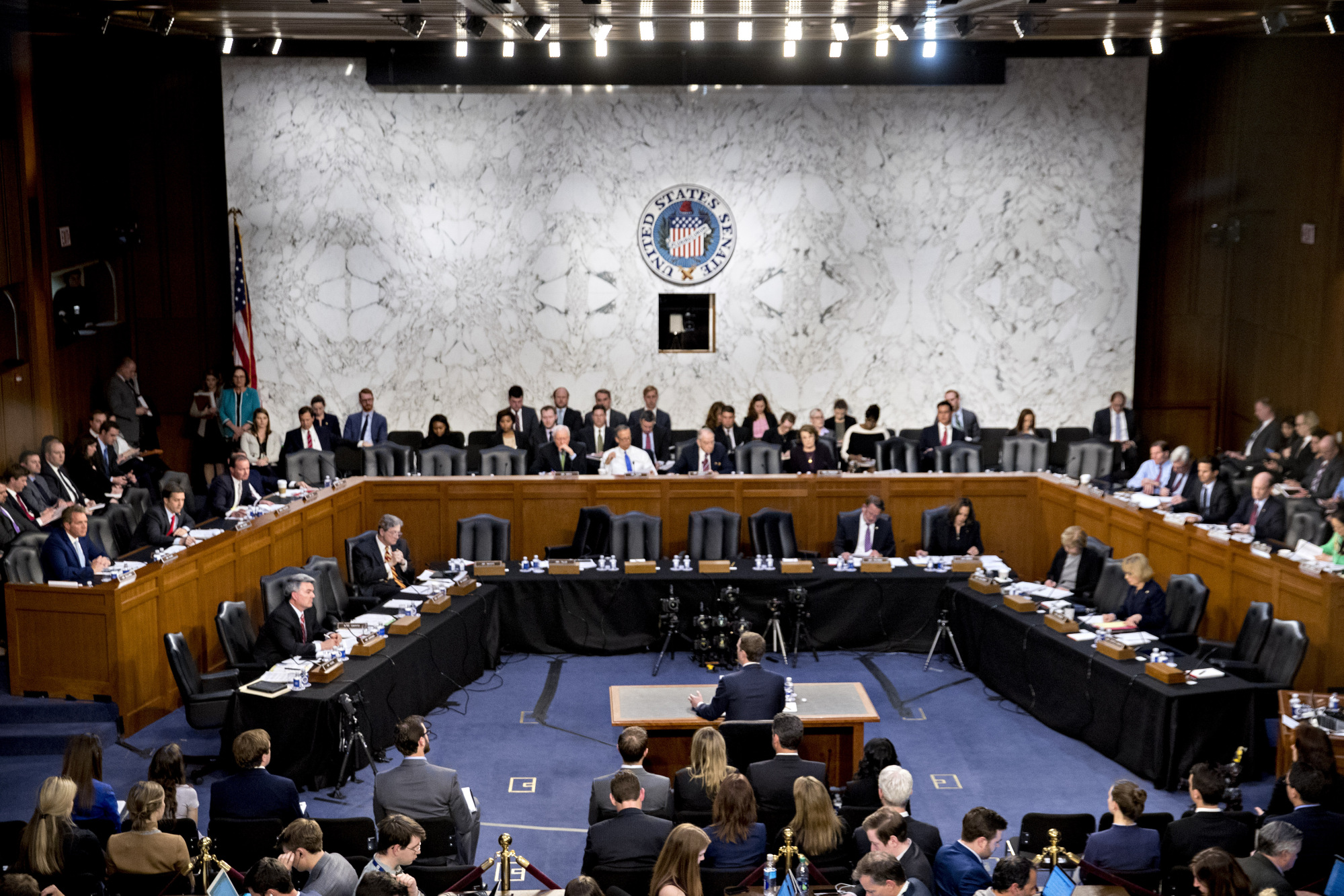 Mark Zuckerberg, chief executive officer and founder of  Meta Platforms Inc., during a 2018 joint hearing of the Senate Judiciary and Commerce Committees in Washington.