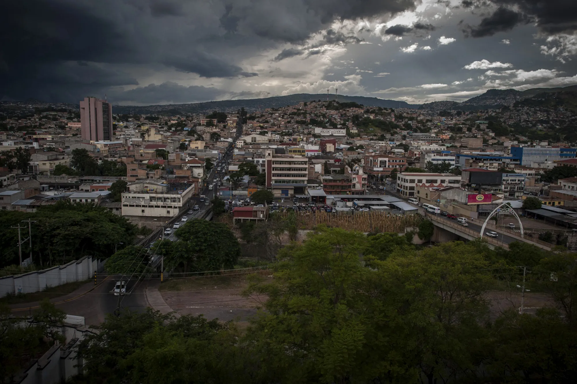 Commercial and residential buildings stand in Tegucigalpa, Honduras.