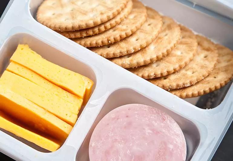 Lunch tray of processed foods.