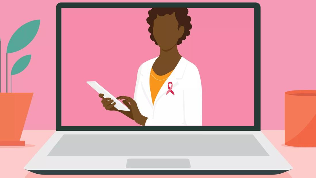 An illustration of computer screen with a doctor wearing a breast cancer ribbon