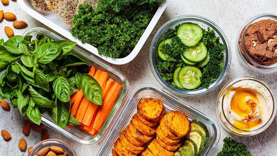 Display of various types of foods prepped in individual containers